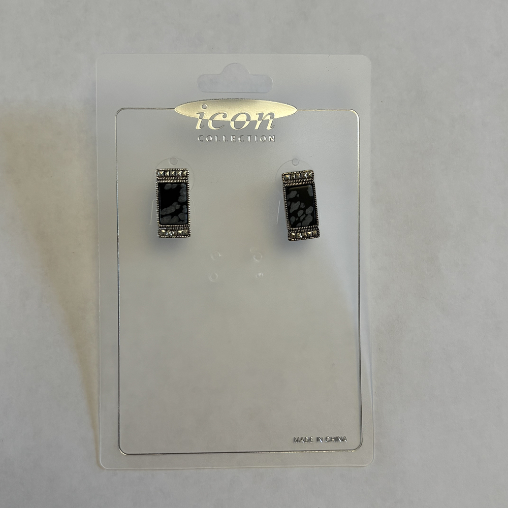 Icon Collection Silver Tone Rectangular Snowflake Obsidian Stud Earrings NWT